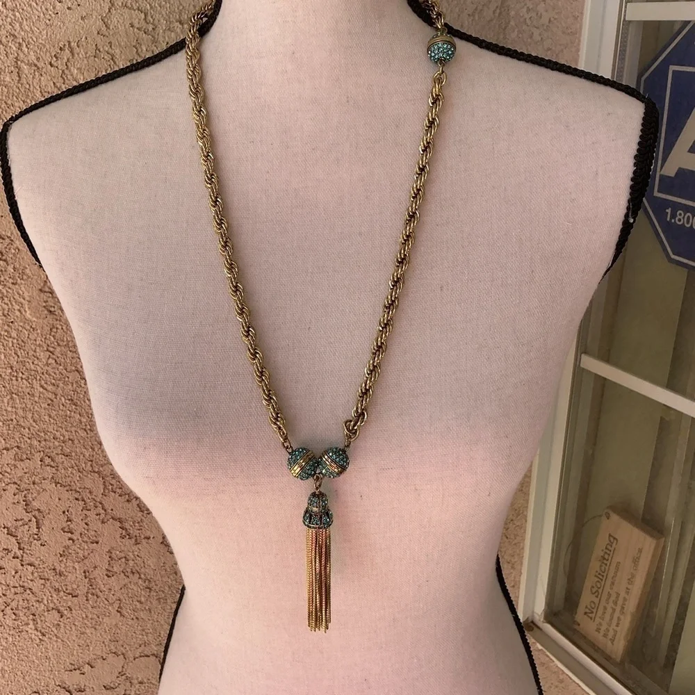 Heidi Daus Gold and Teal Tassel Necklace